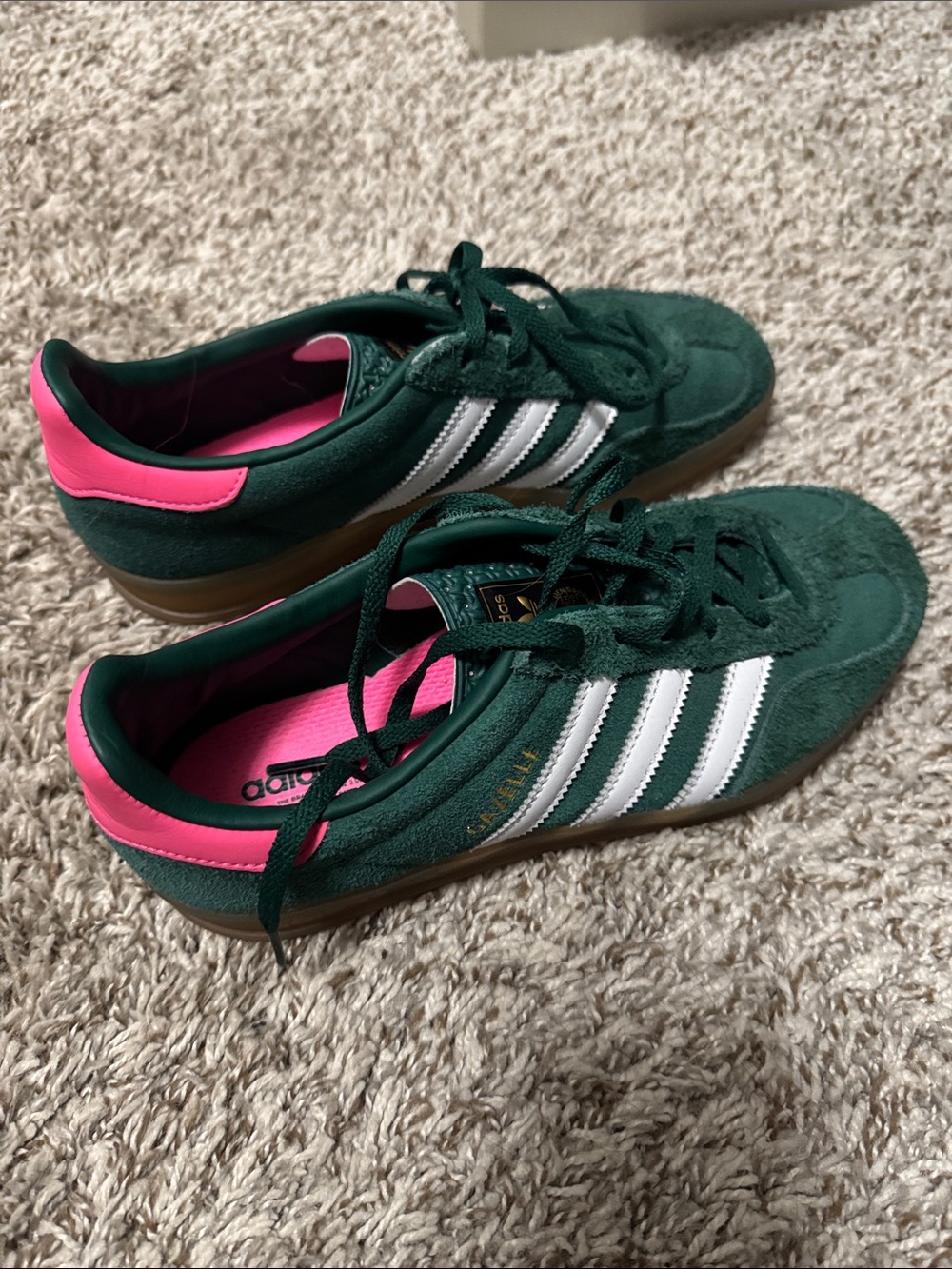 adidas Women's Green Suede Sneakers with White Stripes and Pink Heel